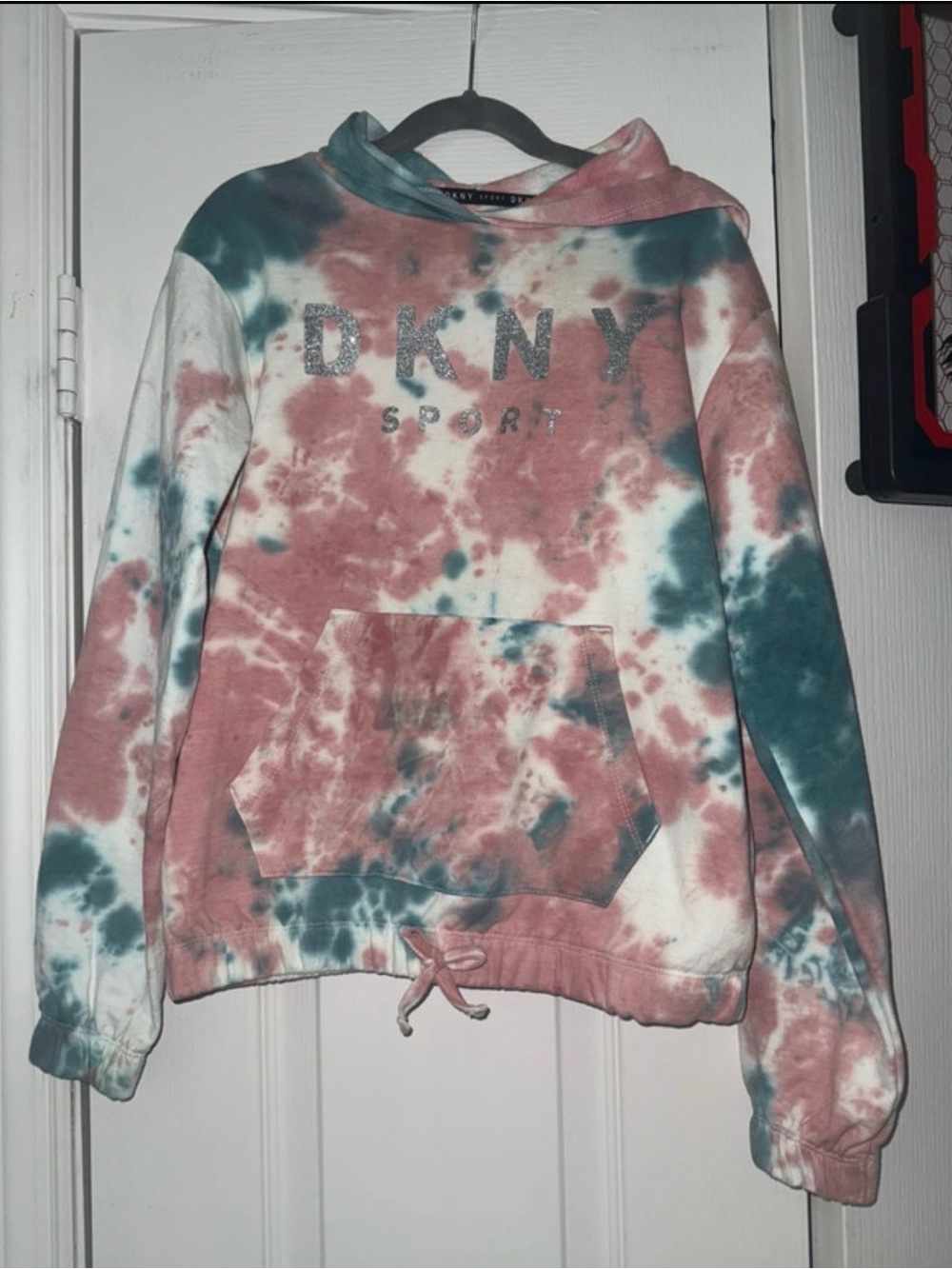 Never worn just Hanging, DKNY Tie-Dye Crewneck Hoodie in Pink, Teal & White